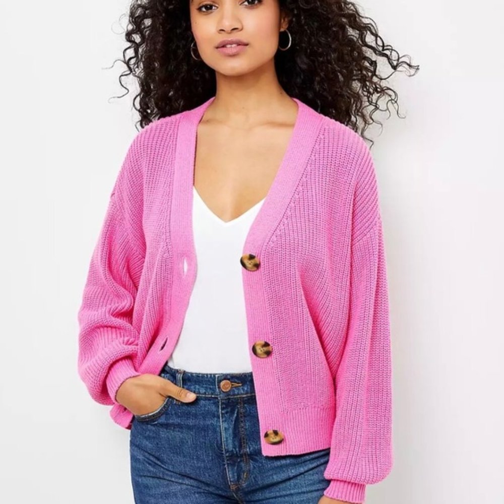 Hot pink slouchy v-neck cardigan. LOFT. NWOT M